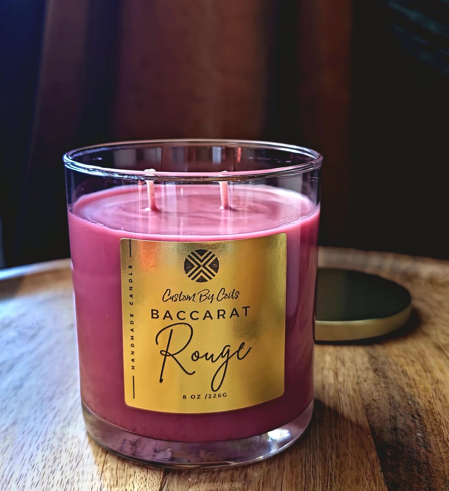Baccarat Rouge 540 Inspired Candle by Custom By Coits with a masculine scent, 8 oz, hand-poured and gift-ready.
