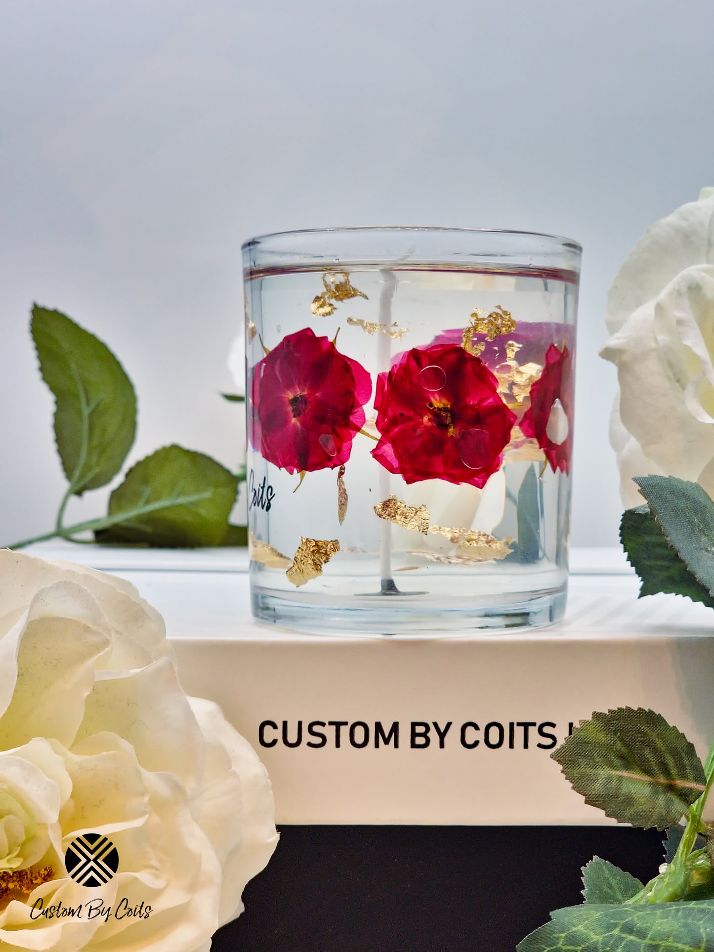 Gel Candle Gift Set by Custom By Coits with Roses & Petals Gel Candles and Black Candle Accessories Set, crafted with real flowers and gold foil accents.