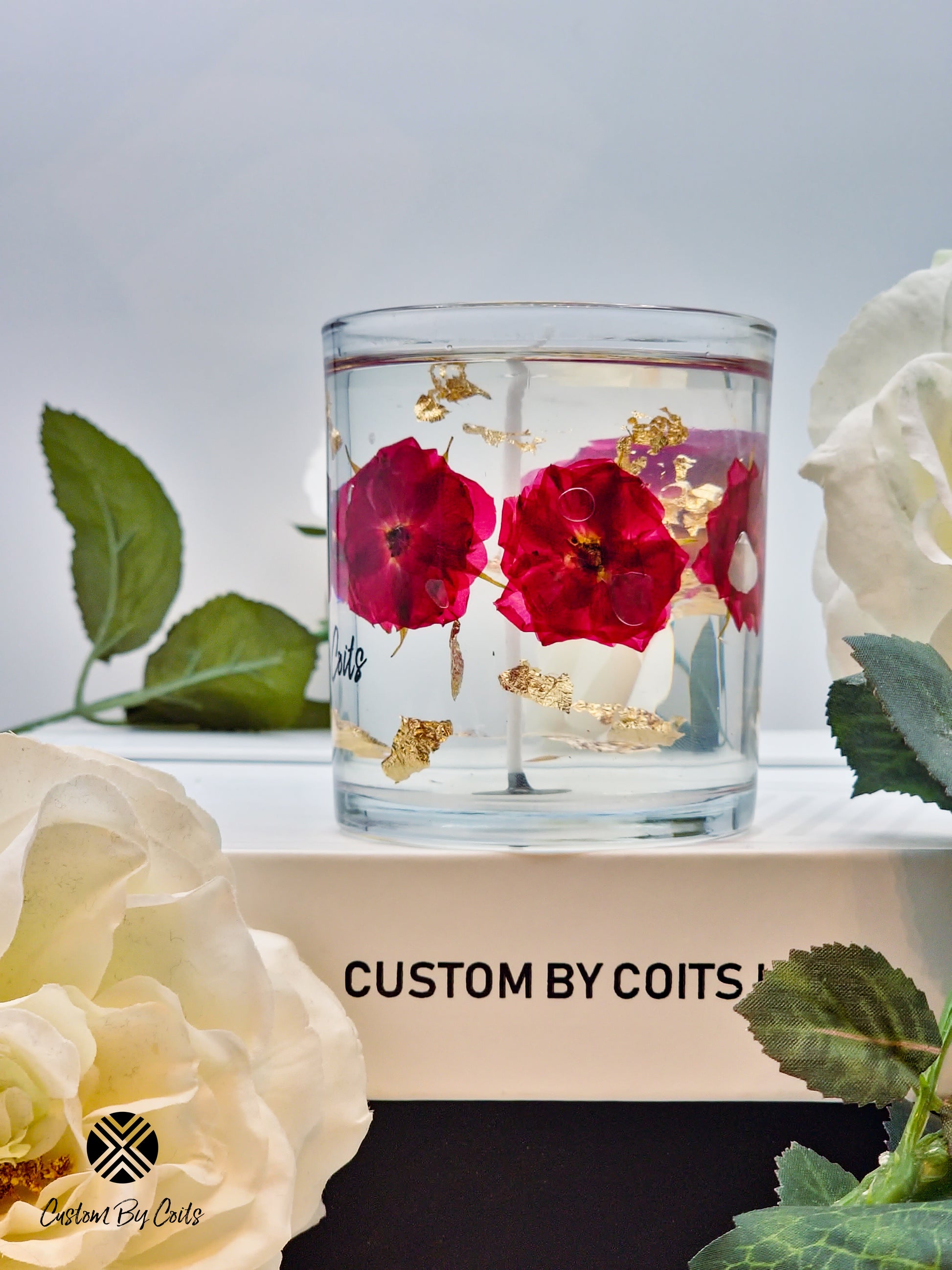 Gel Candle Gift Set by Custom By Coits with Roses & Petals Gel Candles and Black Candle Accessories Set, crafted with real flowers and gold foil accents.