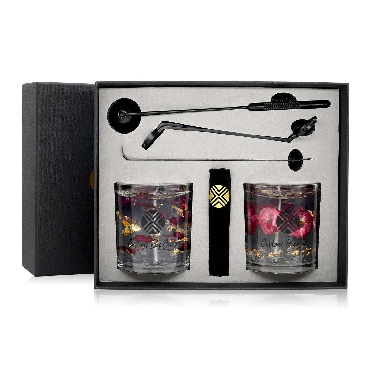 Gel Candle Gift Set by Custom By Coits with Roses & Petals Gel Candles and Black Candle Accessories Set, crafted with real flowers and gold foil accents.