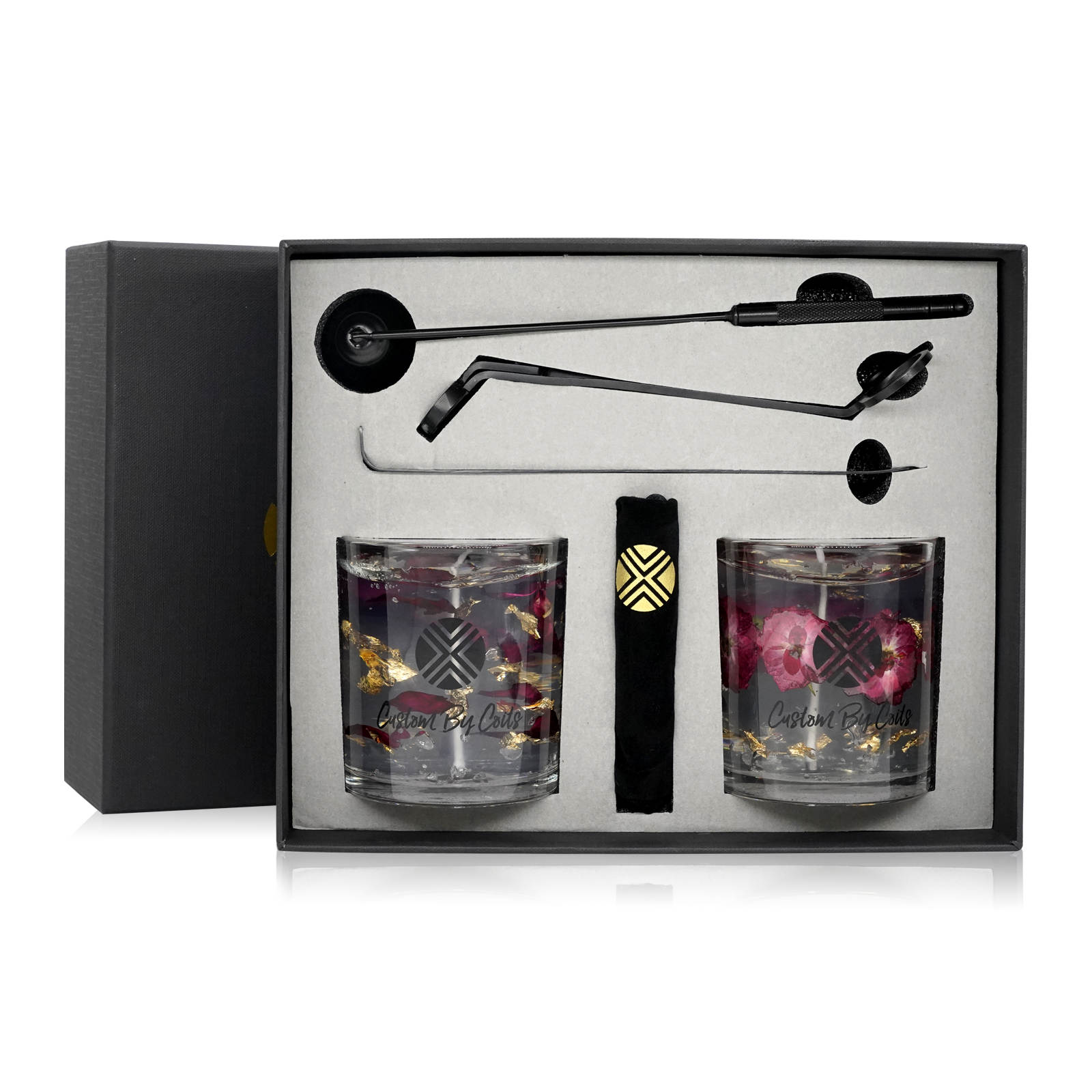 Gel Candle Gift Set by Custom By Coits with Roses & Petals Gel Candles and Black Candle Accessories Set, crafted with real flowers and gold foil accents.