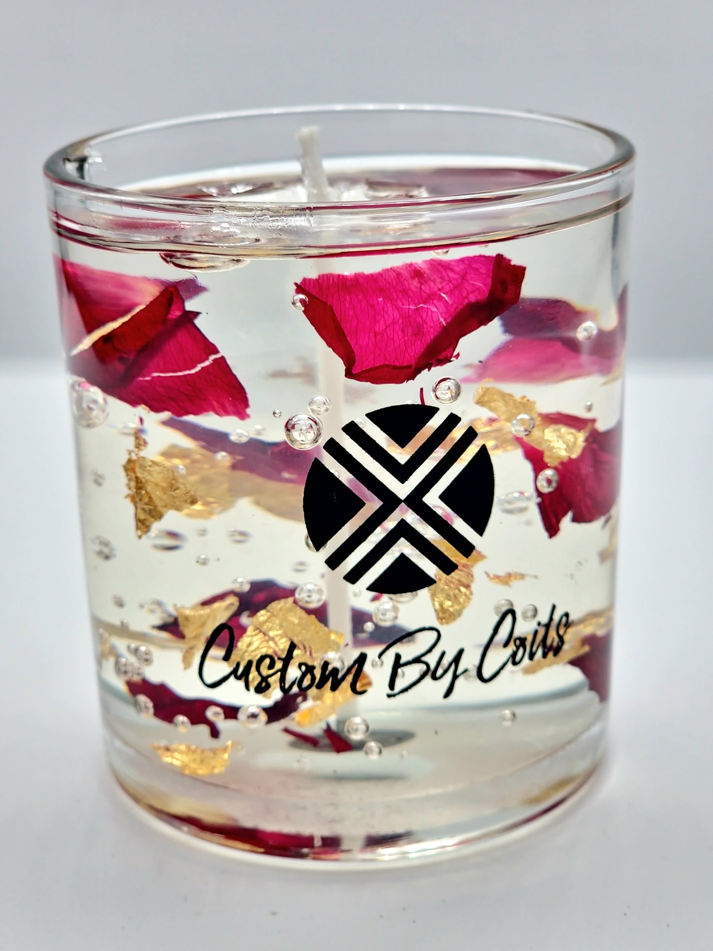 Petals and Gold Clear Candle – Lavender & Amber Scent | Custom By Coits