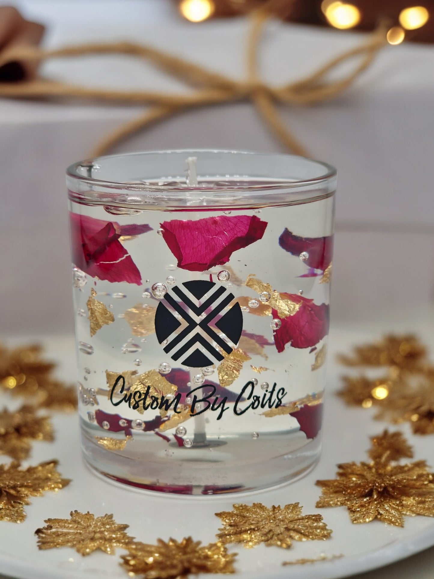 Petals and Gold Clear Candle – Lavender & Amber Scent | Custom By Coits