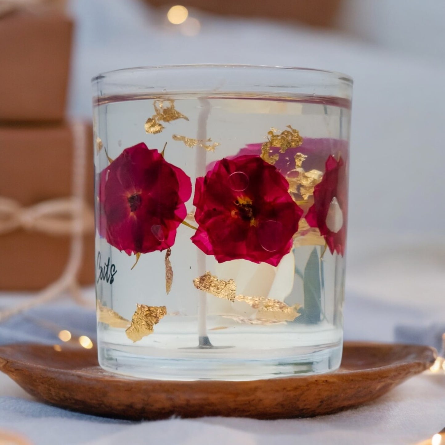 Roses and Gold Clear Candle – Lavender & Eucalyptus | Custom By Coits