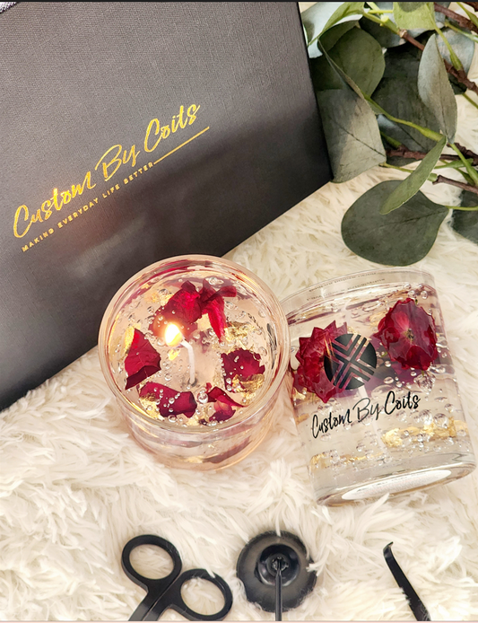 Gel Candle Gift Set by Custom By Coits with Roses & Petals Gel Candles and Black Candle Accessories Set, crafted with real flowers and gold foil accents.